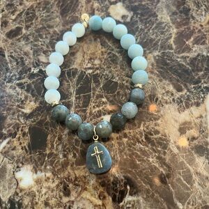 Beaded Cross Charm Bracelet - Blue, White, and Gray